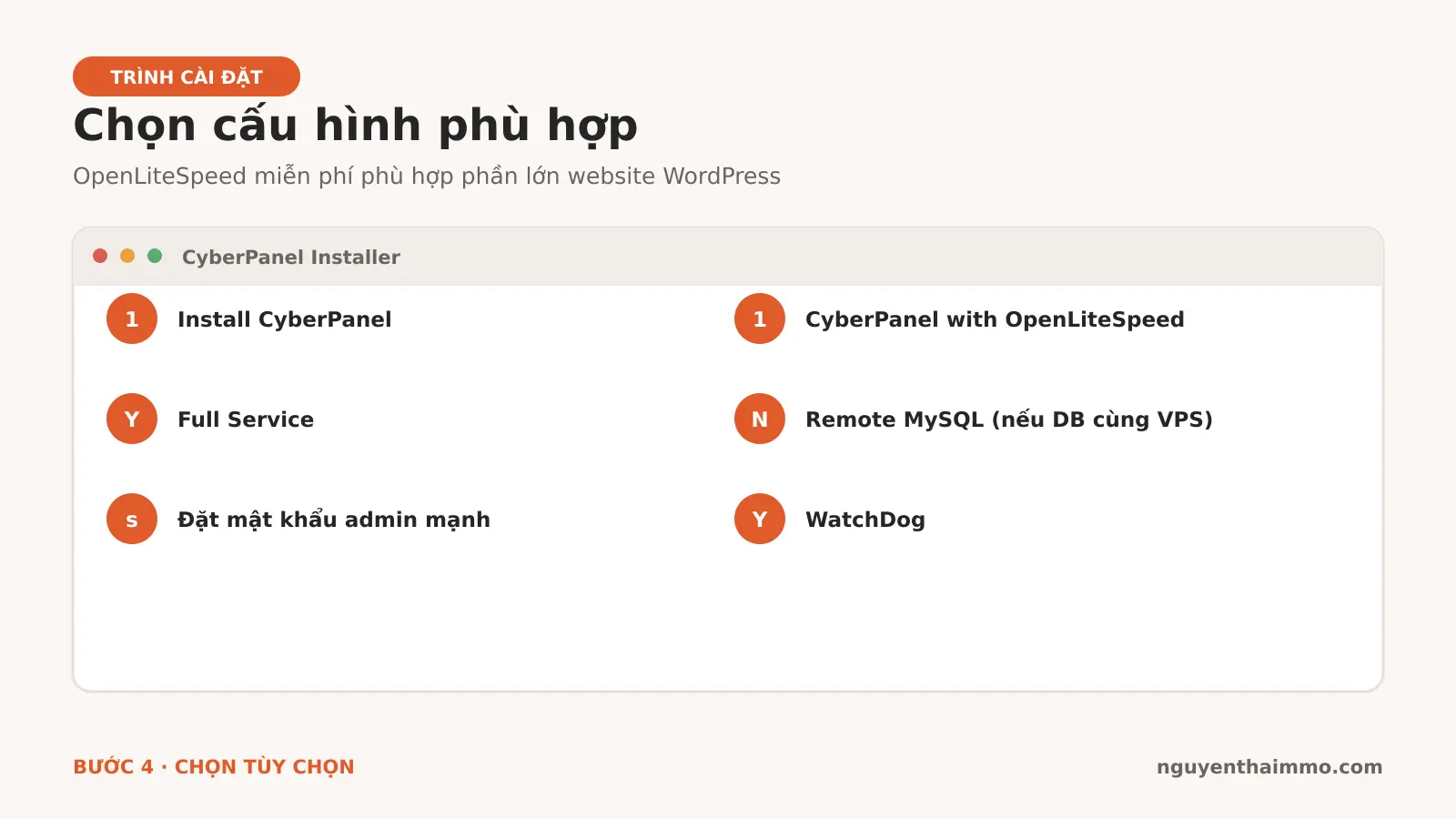 Cài CyberPanel Trên VPS: Hướng Dẫn Từng Bước 2026 5 Giao diện minh họa các lựa chọn trong trình cài đặt CyberPanel