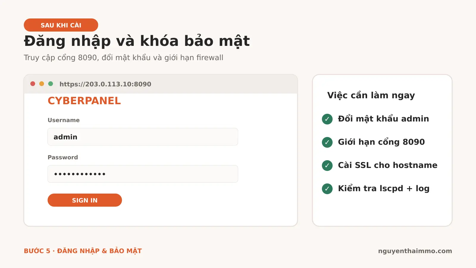 Cài CyberPanel Trên VPS: Hướng Dẫn Từng Bước 2026 6 Giao diện minh họa đăng nhập CyberPanel qua cổng 8090 và checklist bảo mật