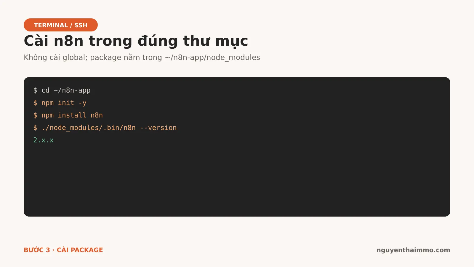 Cài n8n Trên Hosting: Hướng Dẫn cPanel Từng Bước 4 Các lệnh npm cài n8n trong thư mục ứng dụng trên hosting