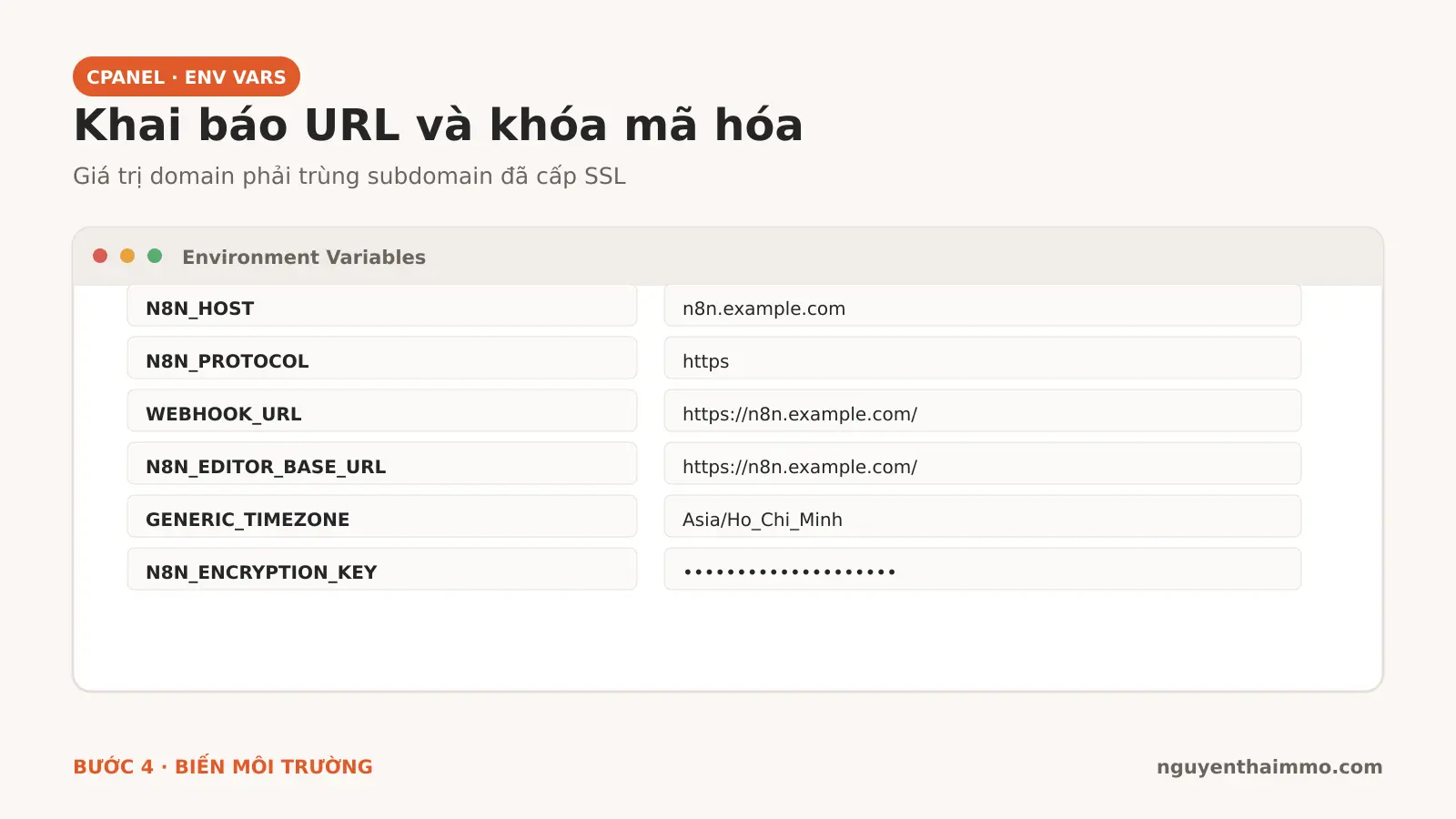 Cài n8n Trên Hosting: Hướng Dẫn cPanel Từng Bước 5 Giao diện minh họa cấu hình biến môi trường n8n trên cPanel