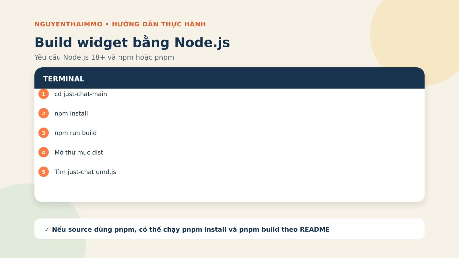 Tạo Chatbot AI WordPress Với n8n Và Cách Kiếm Tiền 4 Lệnh npm install và npm run build tạo file just-chat.umd.js