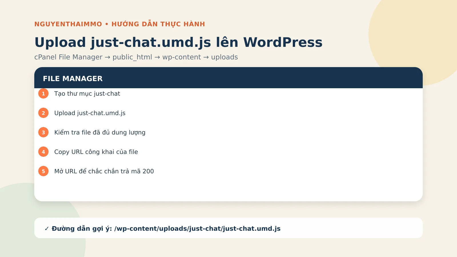 Tạo Chatbot AI WordPress Với n8n Và Cách Kiếm Tiền 5 Upload just-chat.umd.js vào wp-content uploads just-chat